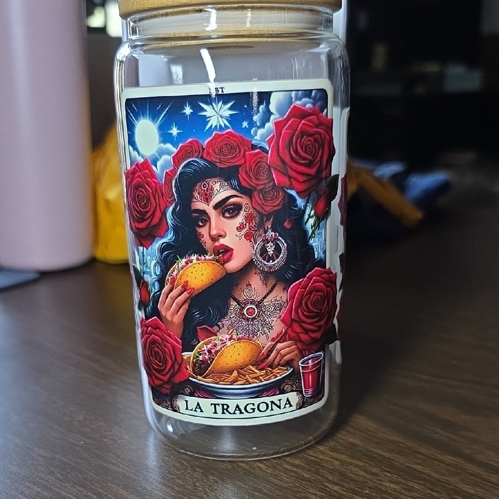 La Tragona Glass Cup Tumbler with Colorful Art